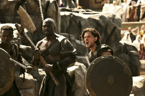 Adewele Akinnouye-Agbaje and co-star Kit Harington in "Pompeii". Photo by Caitlin Cronenberg.