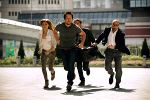 Peltz and Reynor do a lot of running in "Age of Extinction," here with Mark Wahlberg and Stanley Tucci. Photo by Andrew Cooper.