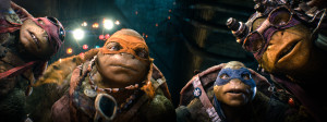 Raphael (Alan Ritchson), Michelangelo (Noel Fisher), Leonardo (Pete Ploszek/Johnny Knoxville), and Donatello (Jeremy Howard) are the Teenage Mutant Ninja Turtles. Photo by Industrial Light & Magic / Paramount.