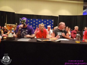 MCW ring announcer Phantom Troublemaker (left) doing commentary for Dragon Con Wrestling. Photo by Harold Jay Taylor/Headlocks and Headshots.