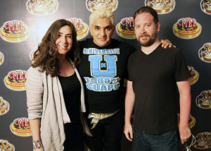 Filmmakers Alexandria Hammond (left) and Ian Markiewicz (right) with CMLL star Shocker.